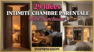 Collage de chambres parentales élégantes avec éclairage tamisé, bougies et décoration chaleureuse type sanctuaire.
