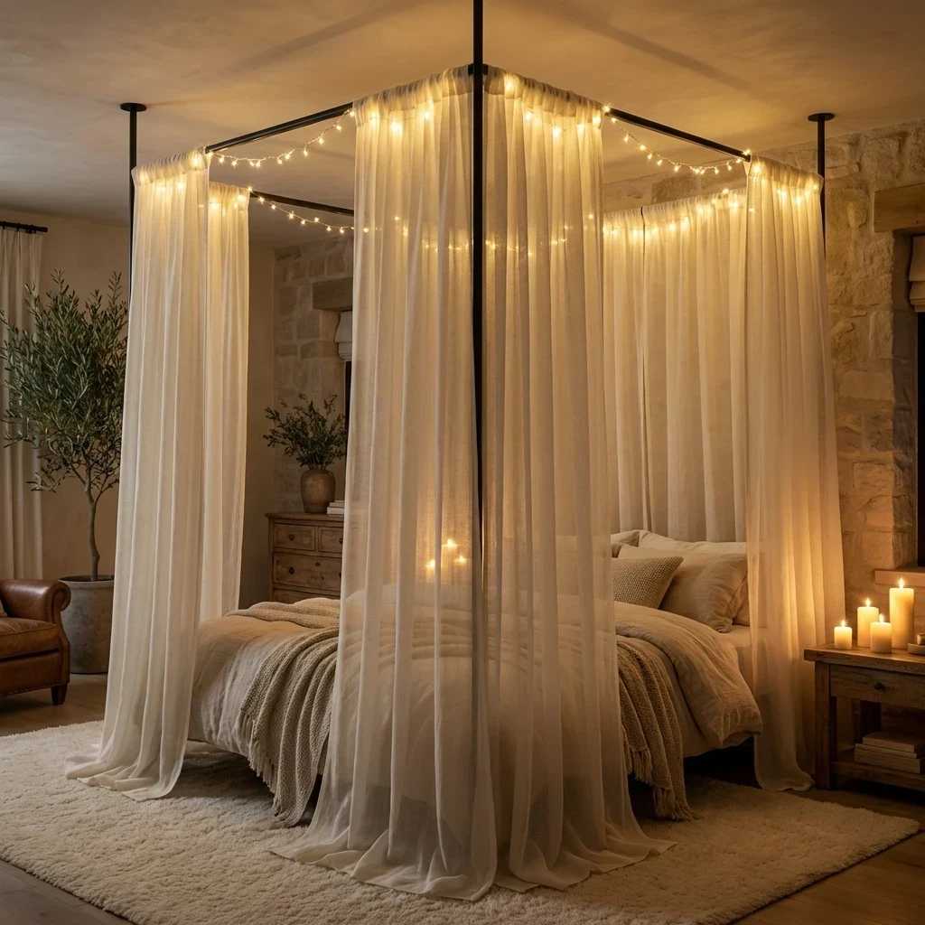 Lit à Baldaquin Romantique avec Guirlandes Lumineuses
