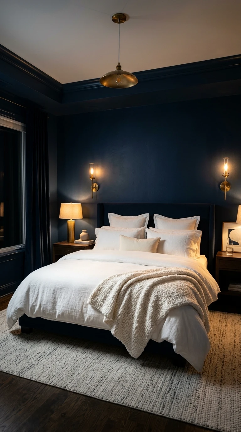 Contraste élégant entre lit clair et murs bleu nuit