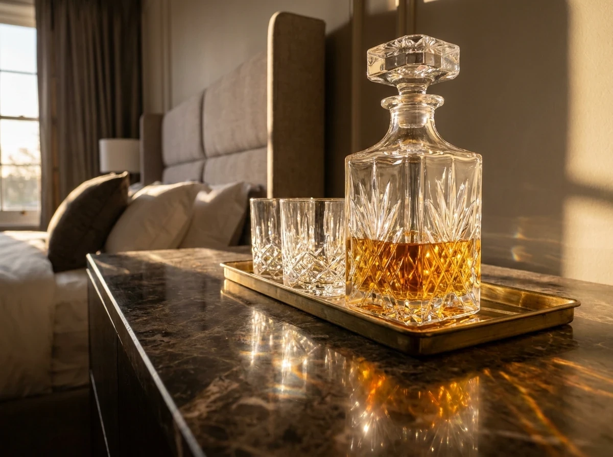 La carafe à whisky et les verres en cristal sur le plateau de chevet