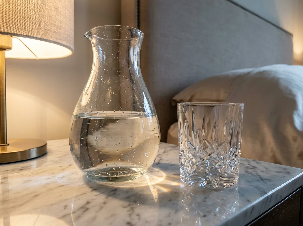 La carafe en verre soufflé et le verre en cristal sur la table de chevet