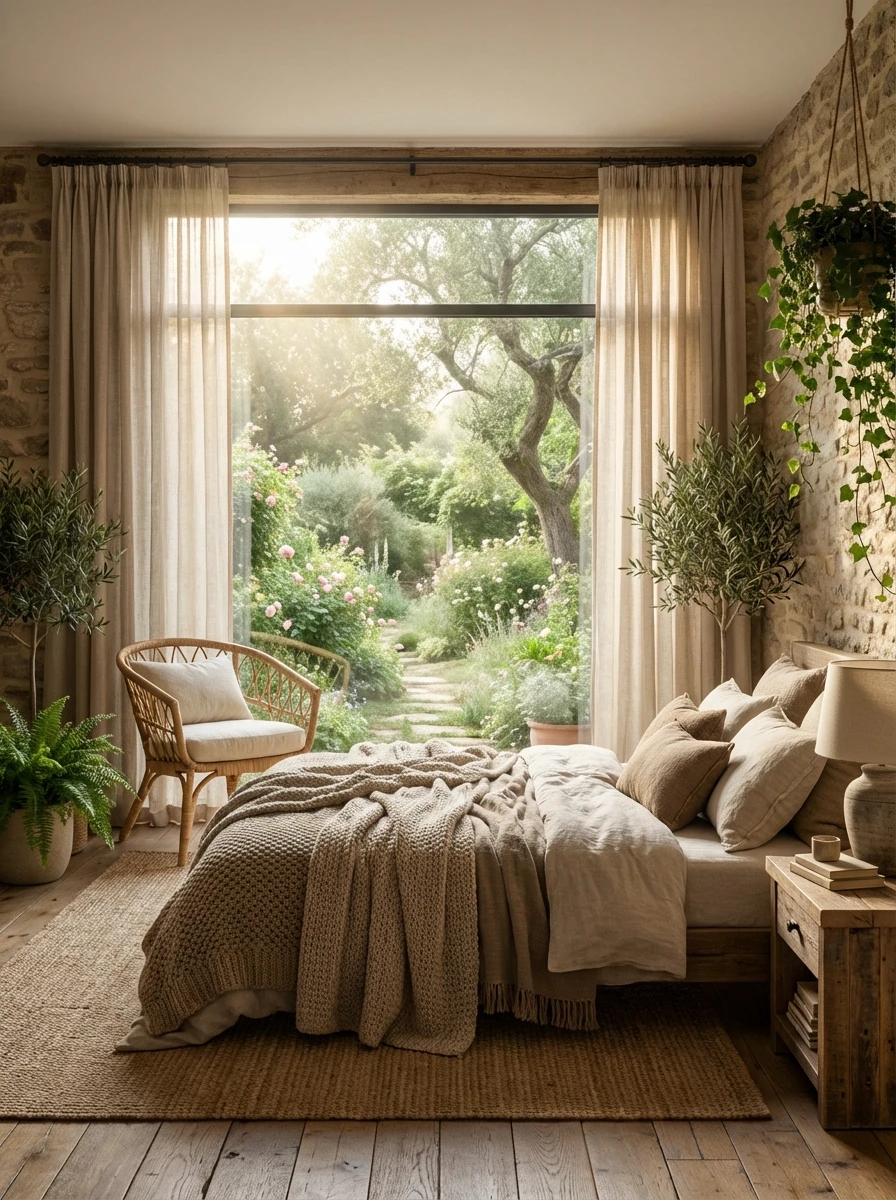 Chambre cocooning avec vue sur jardin luxuriant