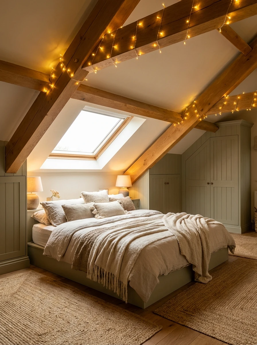 Chambre cocooning sous les combles avec poutres apparentes