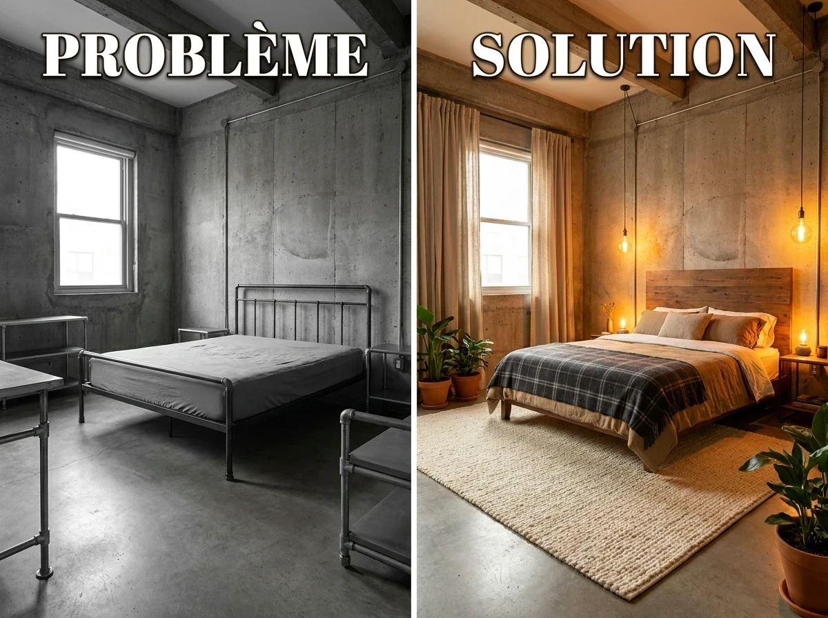 la chambre parentale industrielle semble froide et impersonnelle