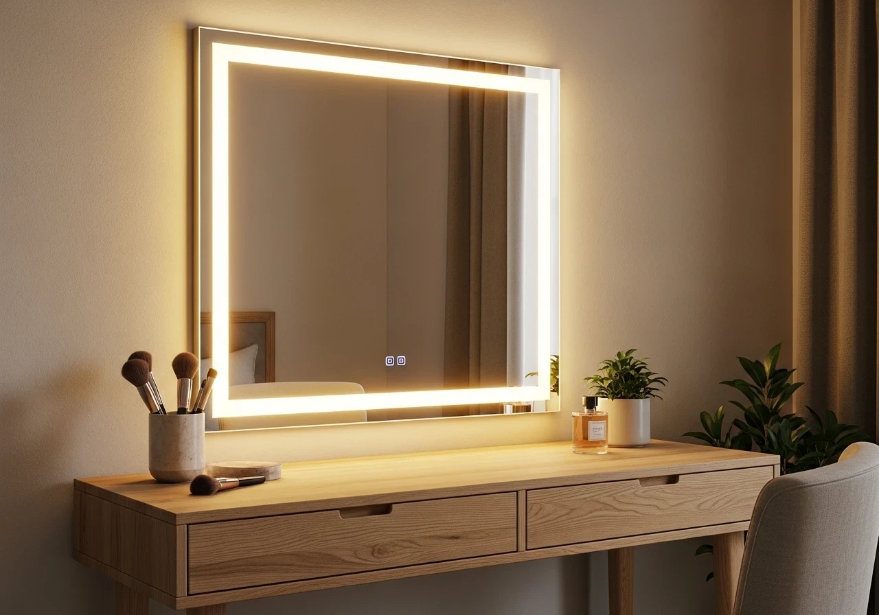 Coiffeuse en bois avec miroir à éclairage LED intégré