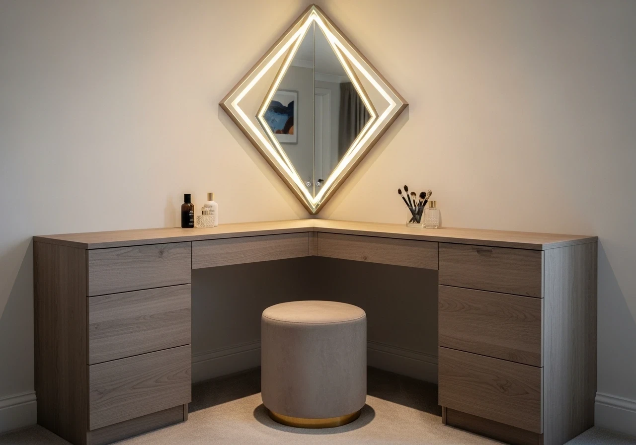 Coiffeuse d'angle moderne avec miroir diamant lumineux