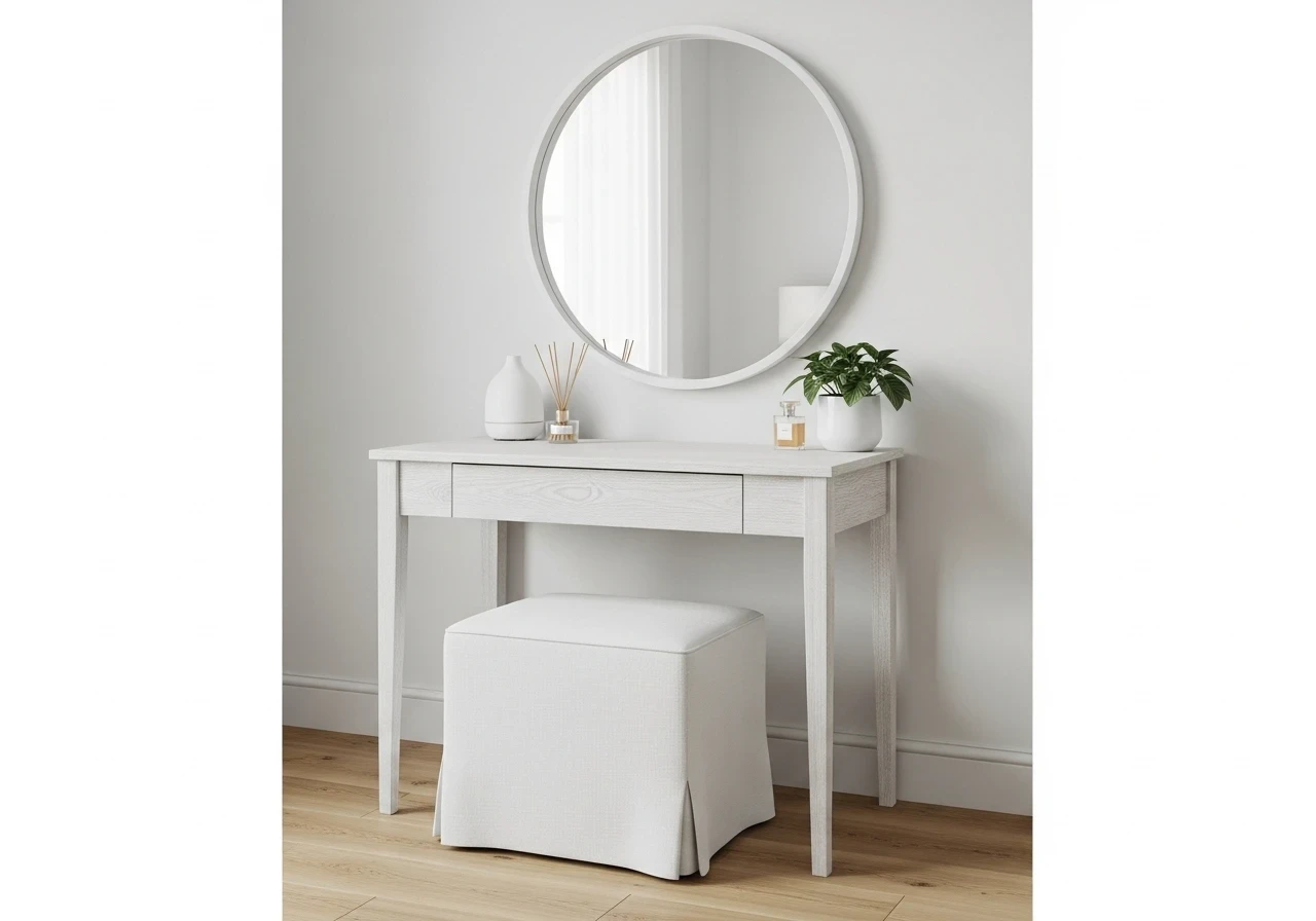 Coiffeuse scandinave en bois blanchi avec miroir rond