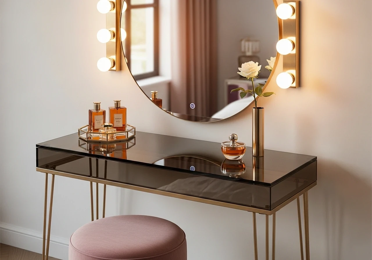 Coiffeuse glamour en laiton et verre avec miroir lumineux
