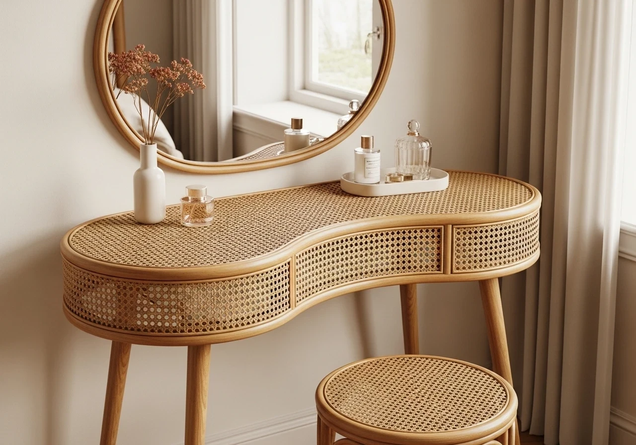 Coiffeuse en rotin au design naturel et féminin