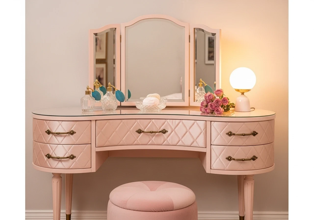 Coiffeuse vintage rose poudré et son miroir triptyque