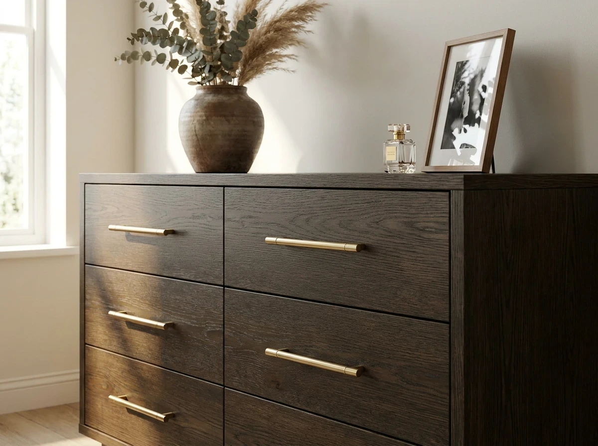 La commode en bois foncé avec poignées en laiton : le meuble signature