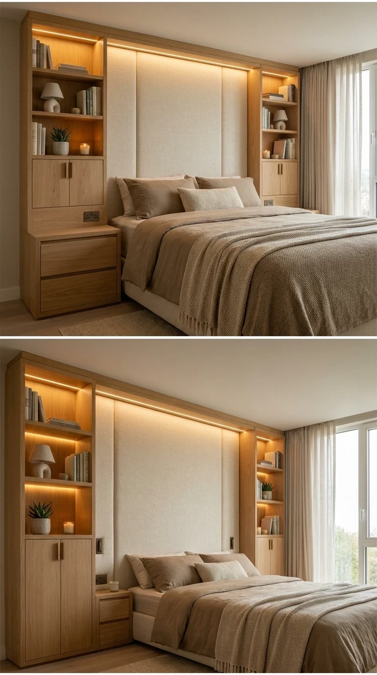 Tête de lit avec niches et rangements intégrés en bois