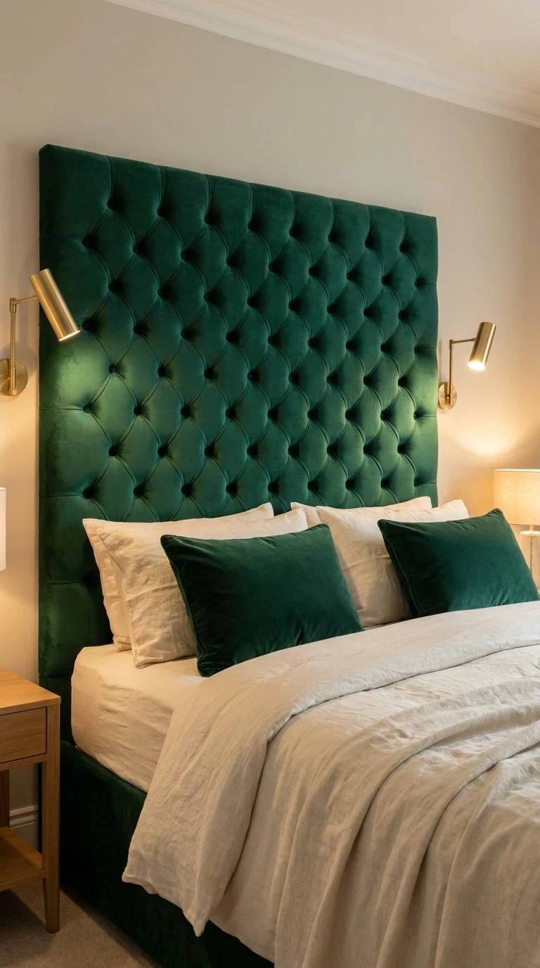 Tête de lit capitonnée en velours vert émeraude : le grand classique chic
