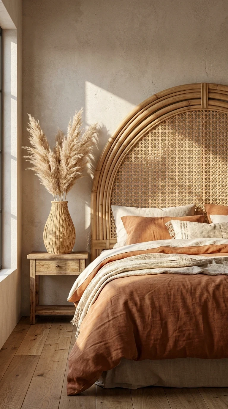 Tête de lit en rotin et cannage, esprit naturel et artisanal