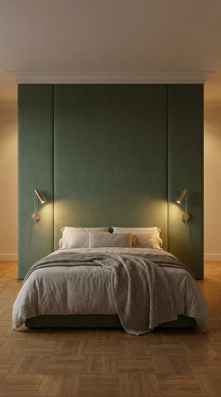 Tête de lit XXL verte : un effet architectural du sol au plafond