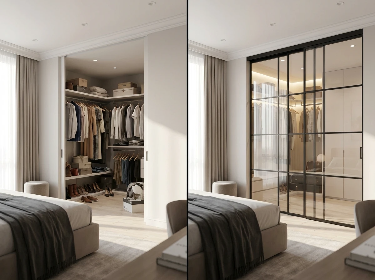 Verrière coulissante de style atelier pour séparer un dressing