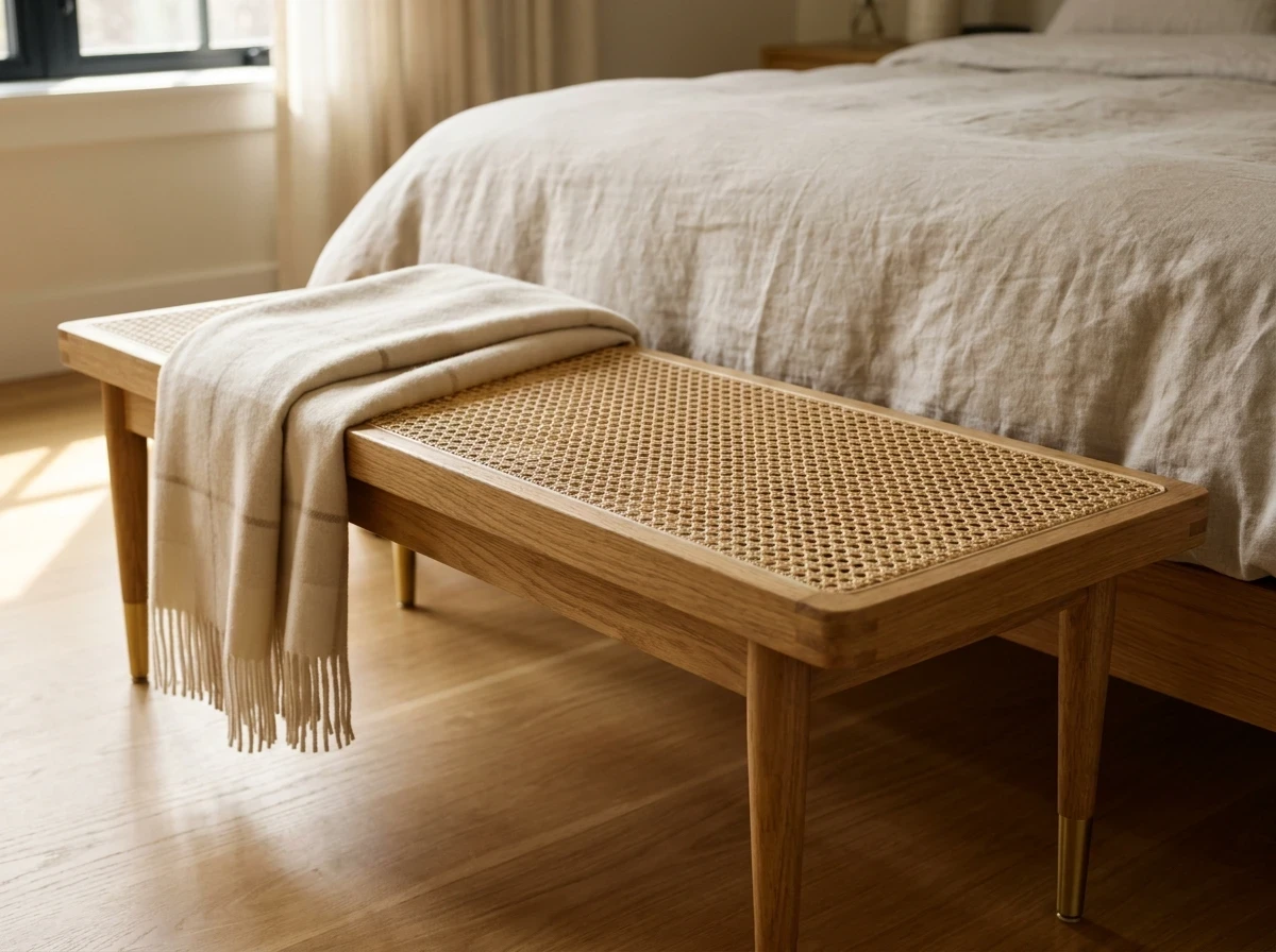 Le banc en bois et cannage au pied du lit : l'assise hôtelière