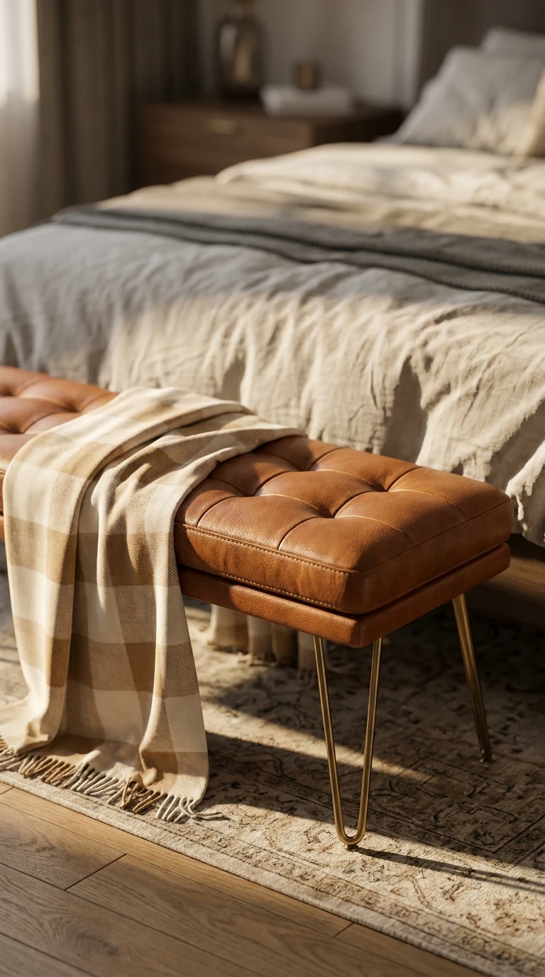Le banc ou coffre capitonné au pied du lit