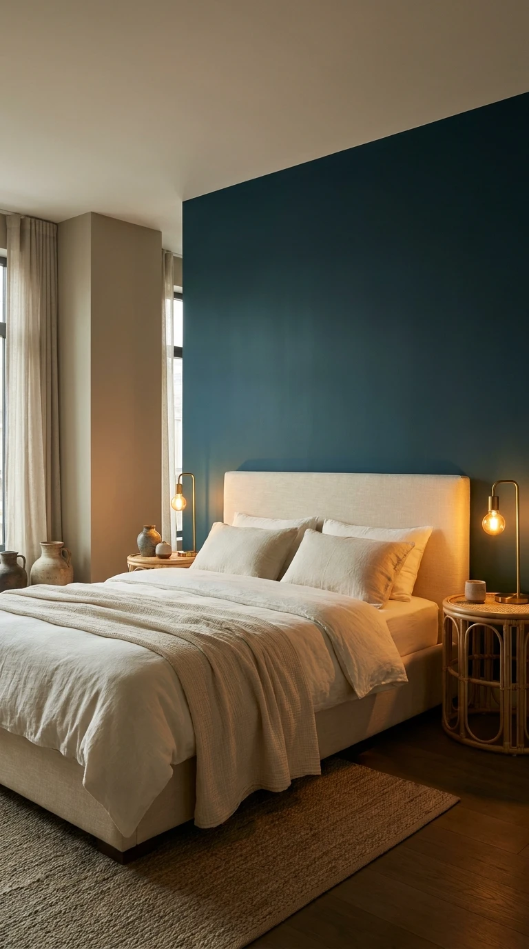 Décoration de chambre : mur bleu canard et lit beige