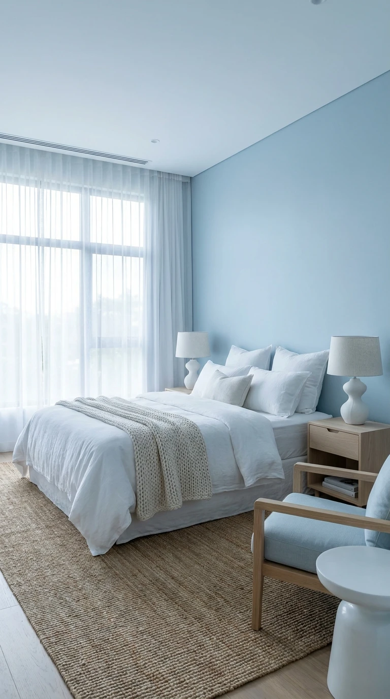 Chambre à coucher zen en bleu pâle et blanc