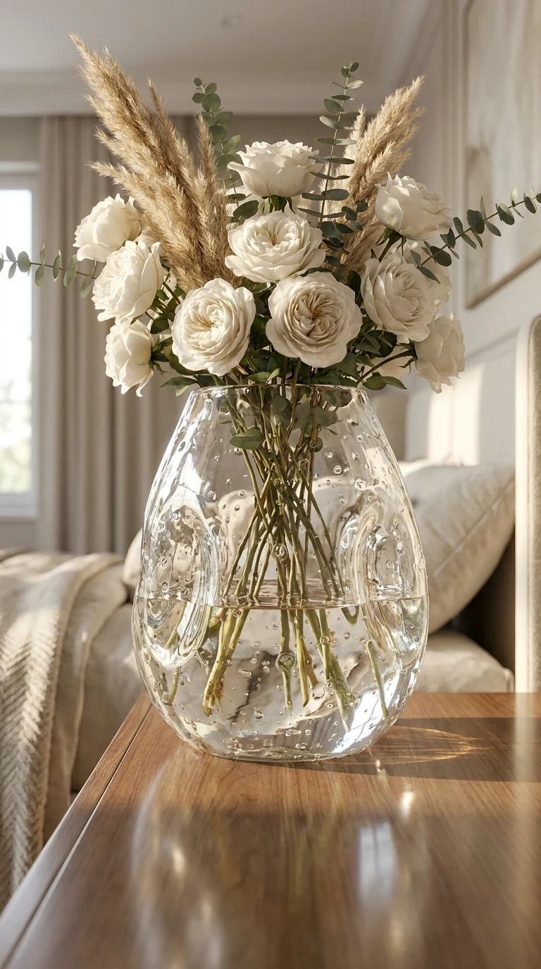 Le bouquet de fleurs fraîches ou séchées dans un vase en verre soufflé