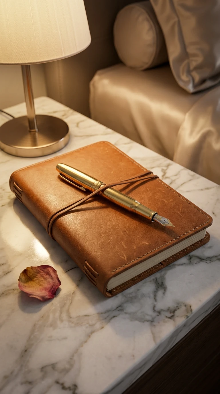 Le carnet de nuit en cuir et le stylo d'exception