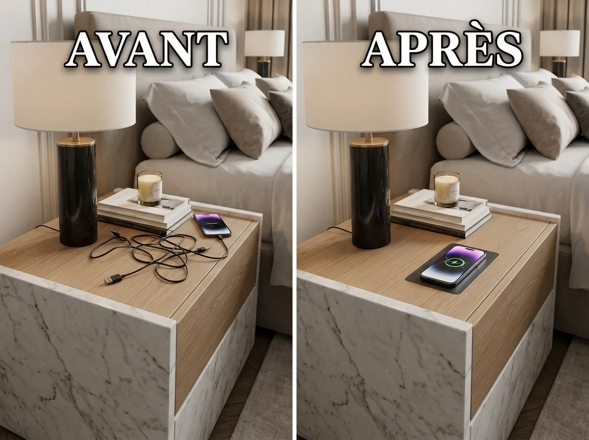Le chargeur sans fil discret encastré dans la table de chevet