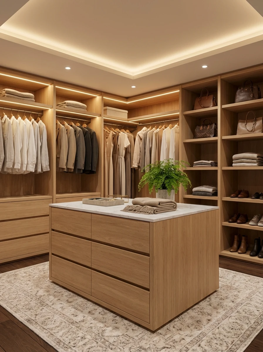 Dressing de Luxe avec Îlot Central et Éclairage Intégré