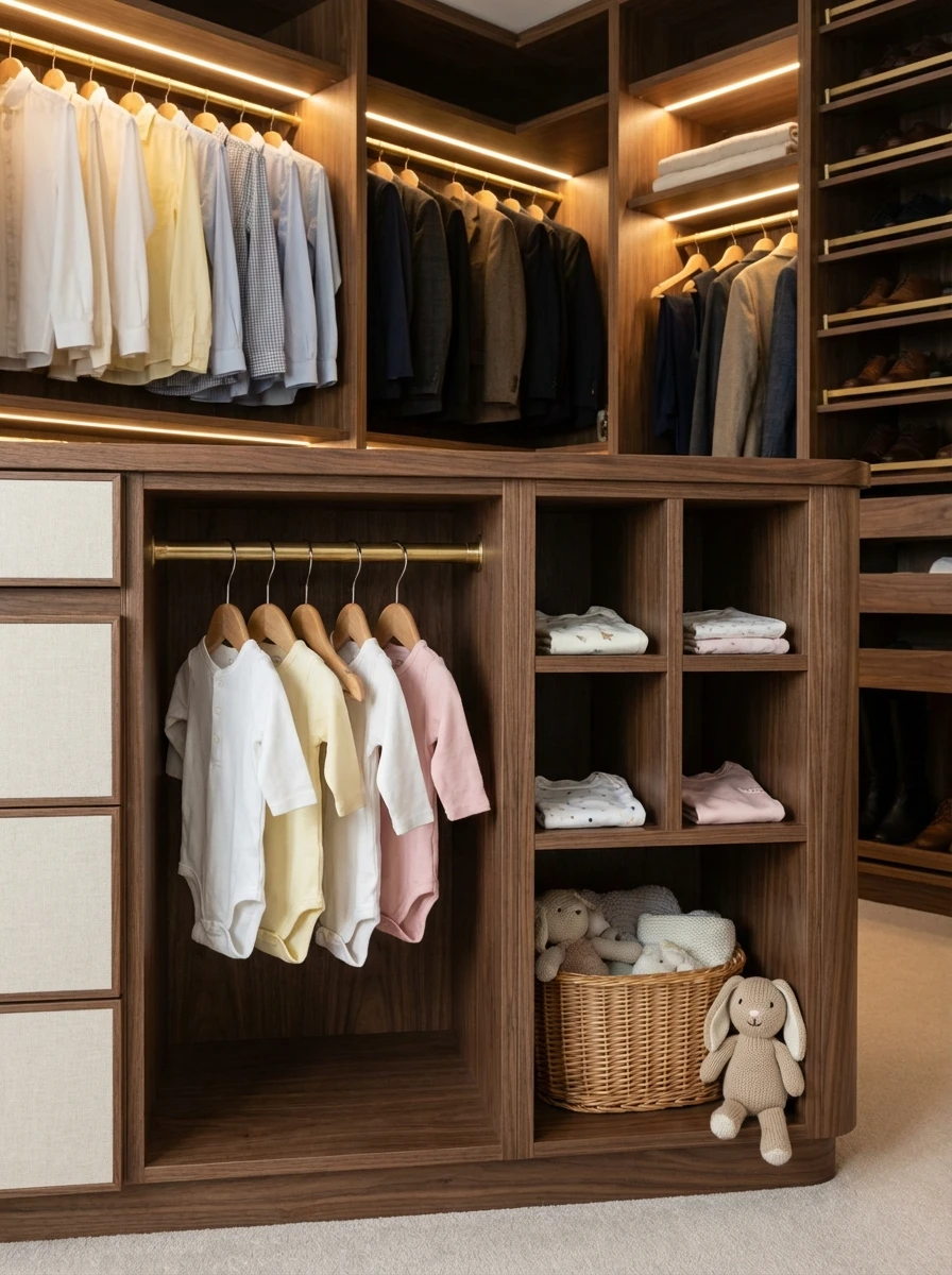 Dressing sur mesure en bois avec espace capsule pour bébé