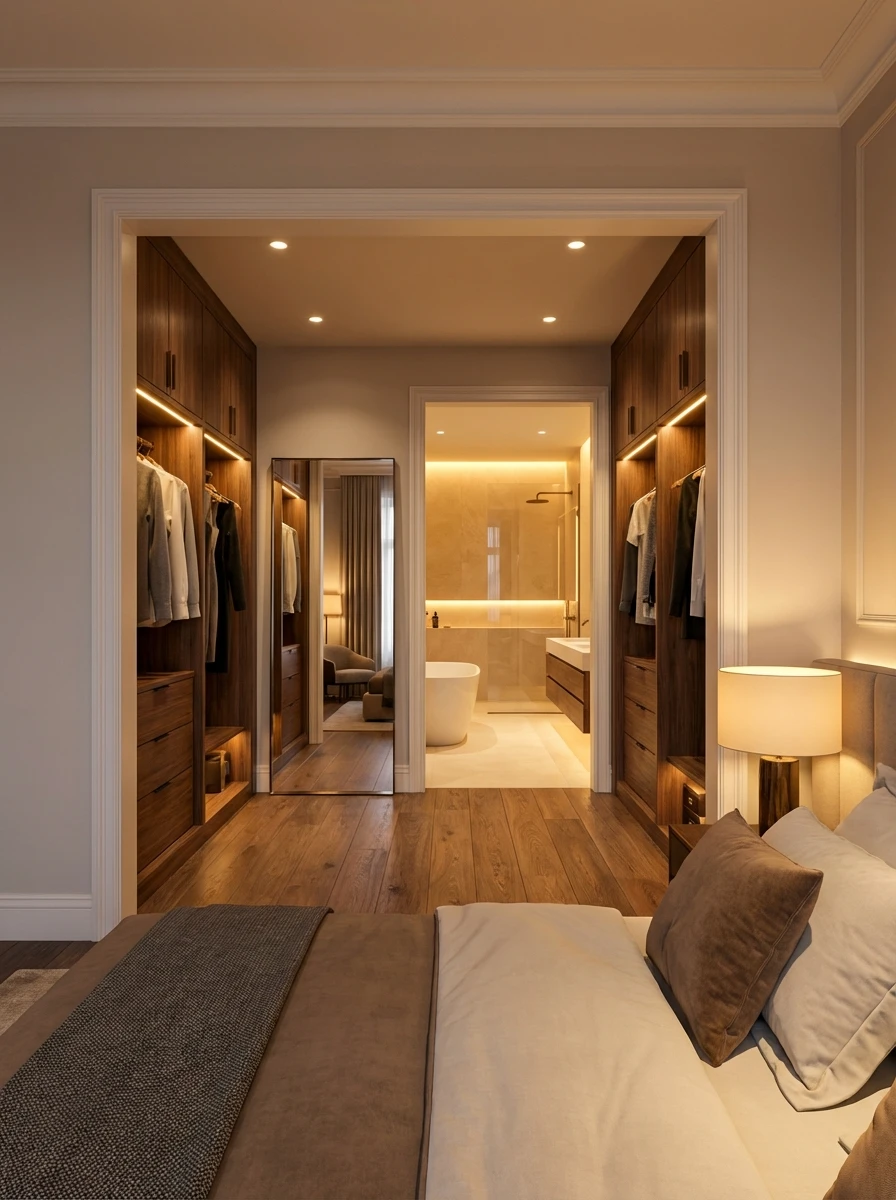 Dressing Luxueux Ouvert sur une Salle de Bain Moderne