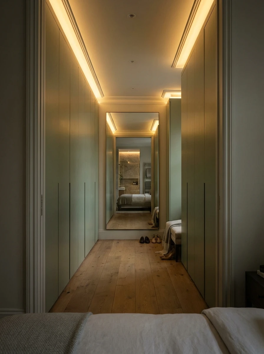 Aménagement de dressing sur mesure dans un couloir de nuit
