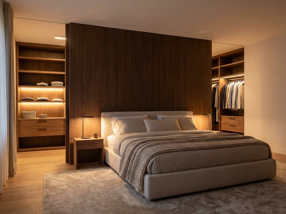 Le Dressing Derrière la Tête de Lit en Bois