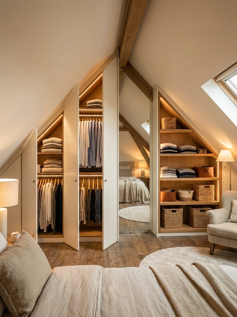 Aménagement d'un dressing sur mesure sous pente pour chambre mansardée