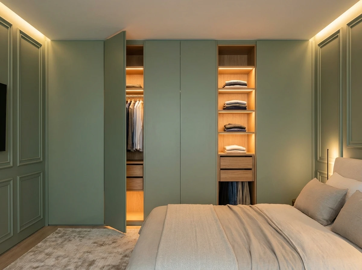 Dressing sur mesure vert sauge intégré au mur