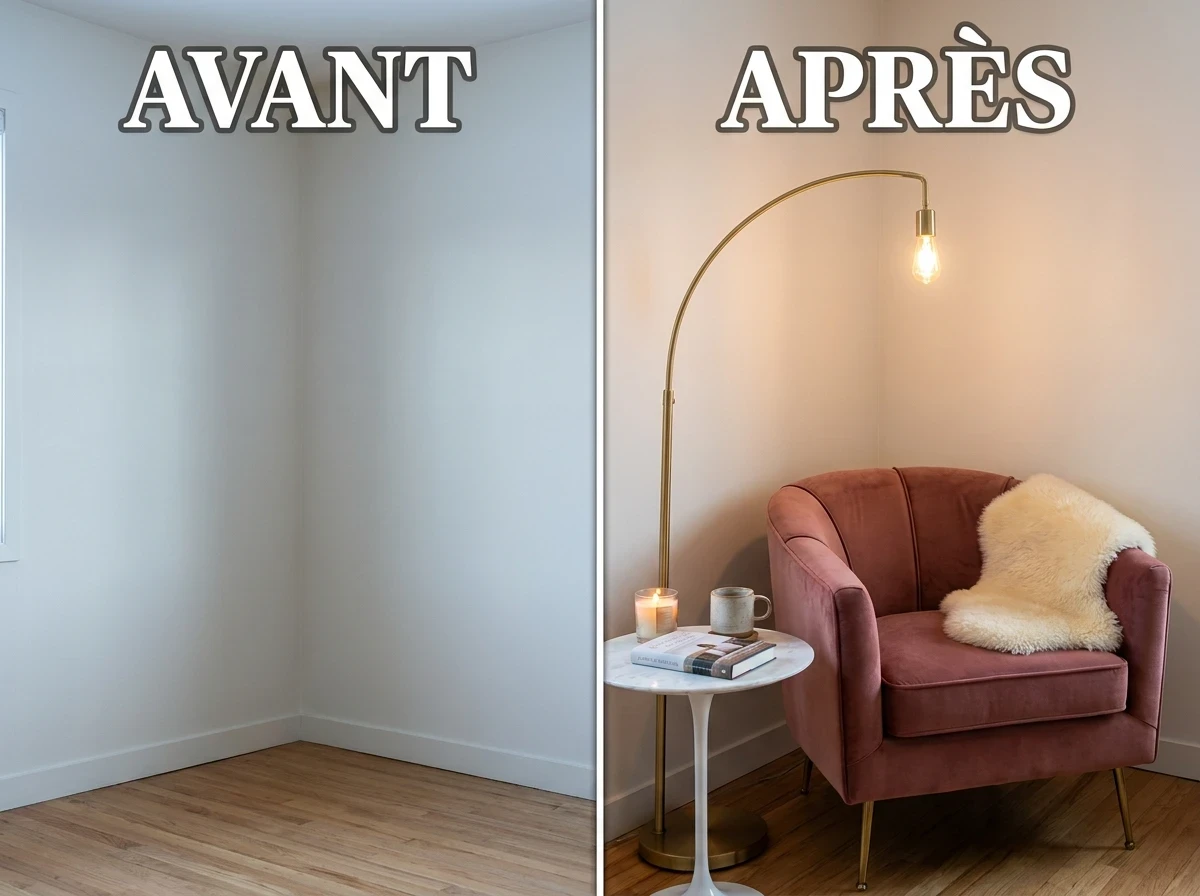 Le fauteuil lounge en velours dans l'angle : la zone de repli luxe