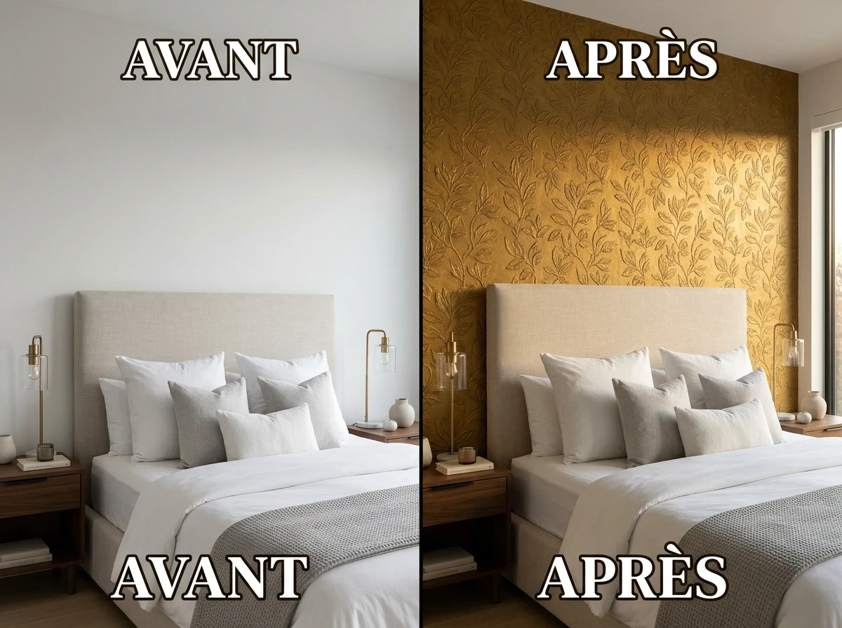 Le papier peint texturé derrière la tête de lit : le mur d'accent luxe