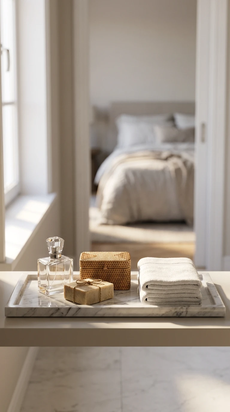 Le plateau de salle de bain en rotin ou en marbre