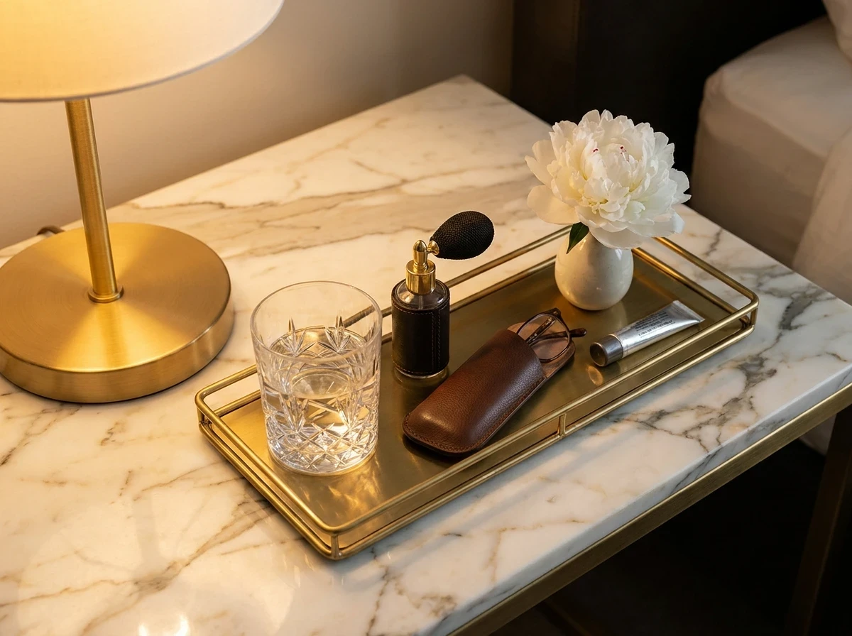 Le plateau en laiton ou en marbre sur la table de chevet : l'organisation luxe