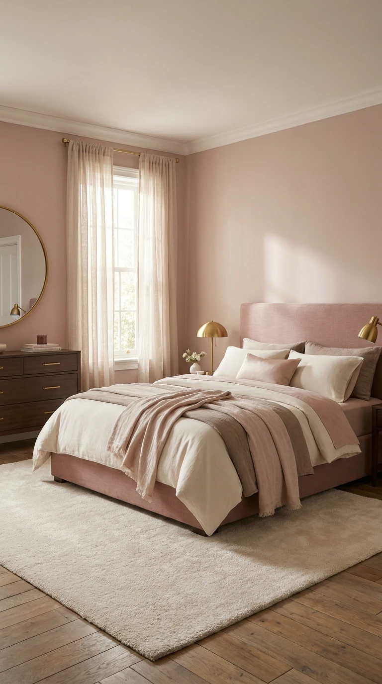 Chambre élégante en rose poudré et tons neutres