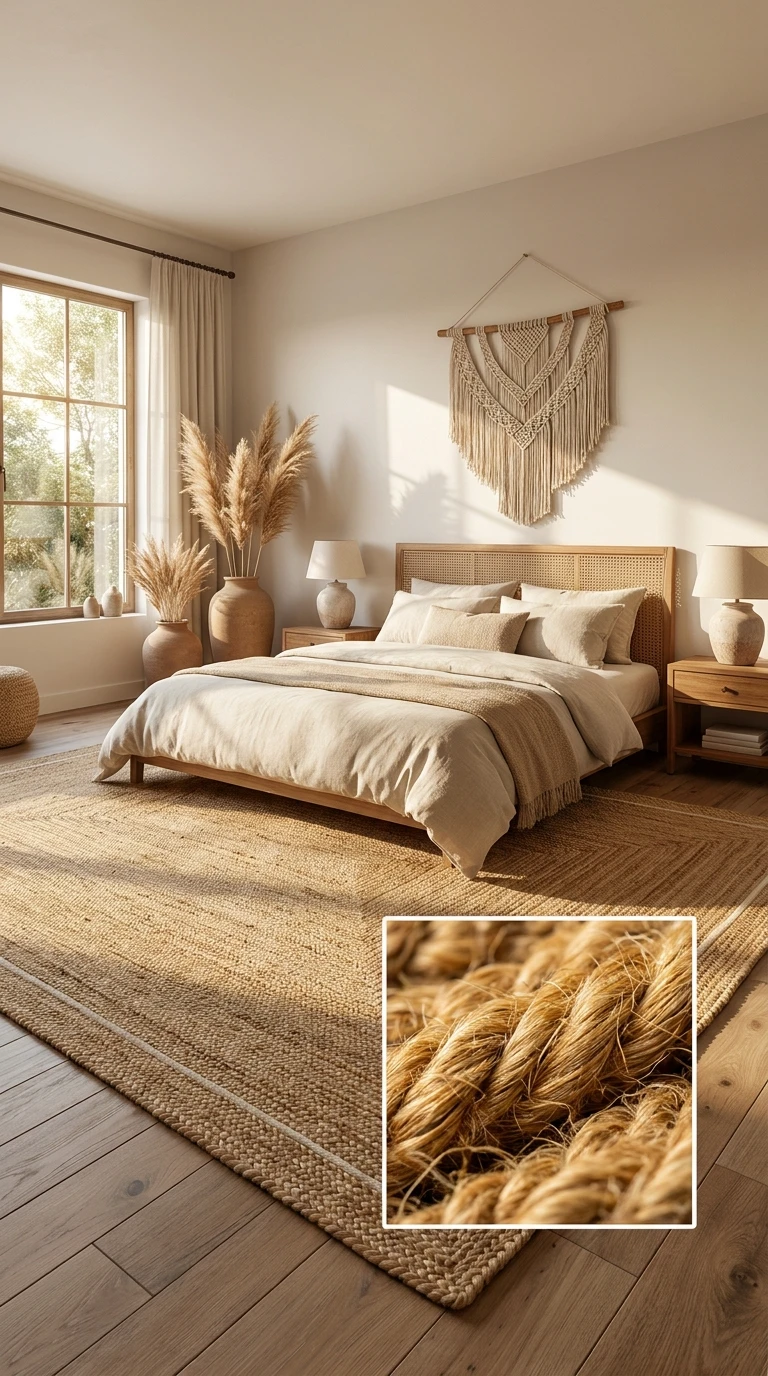 Tapis en jute naturelle pour une chambre au style bohème