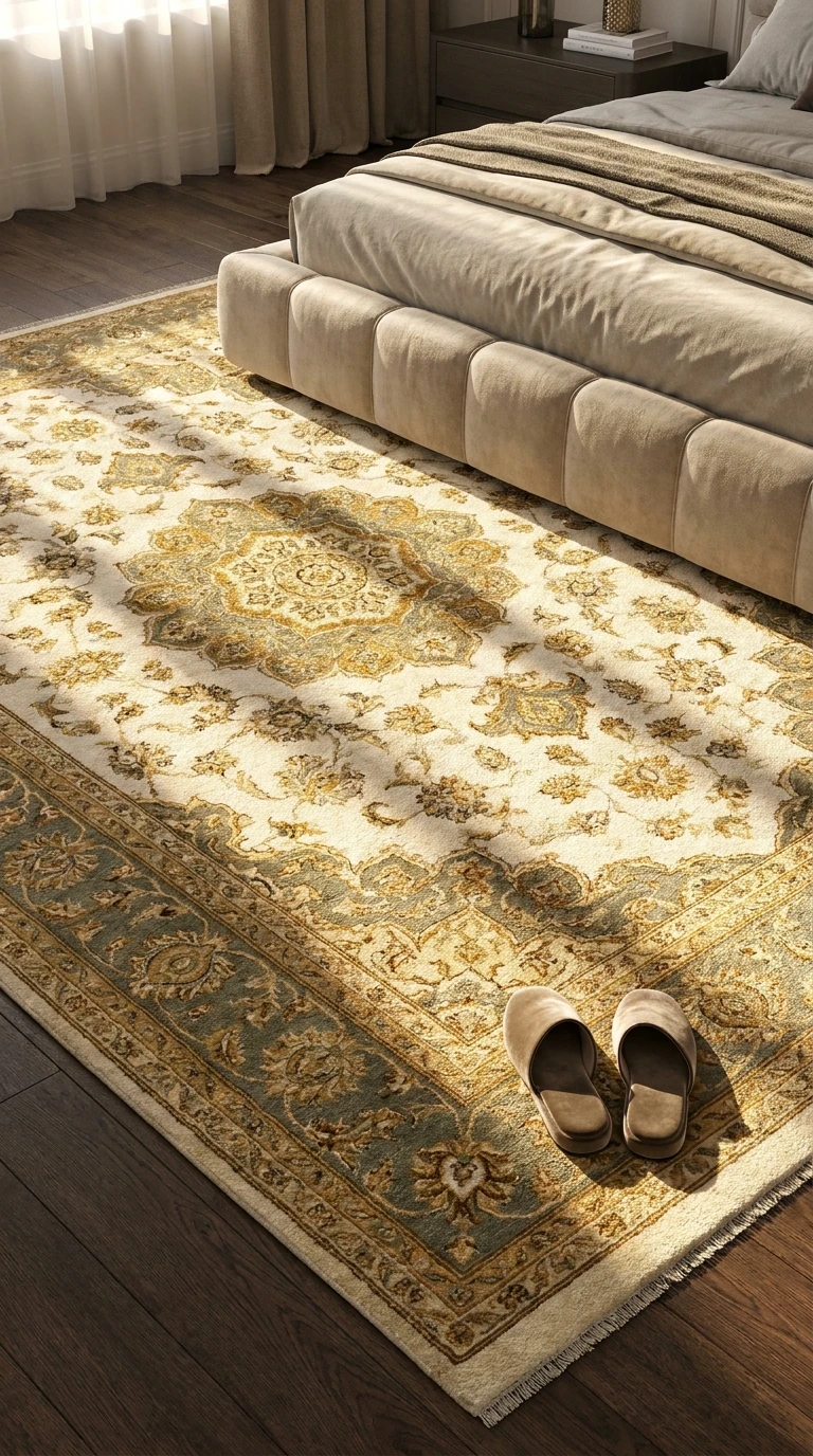 Le tapis en laine ou en soie sous le lit