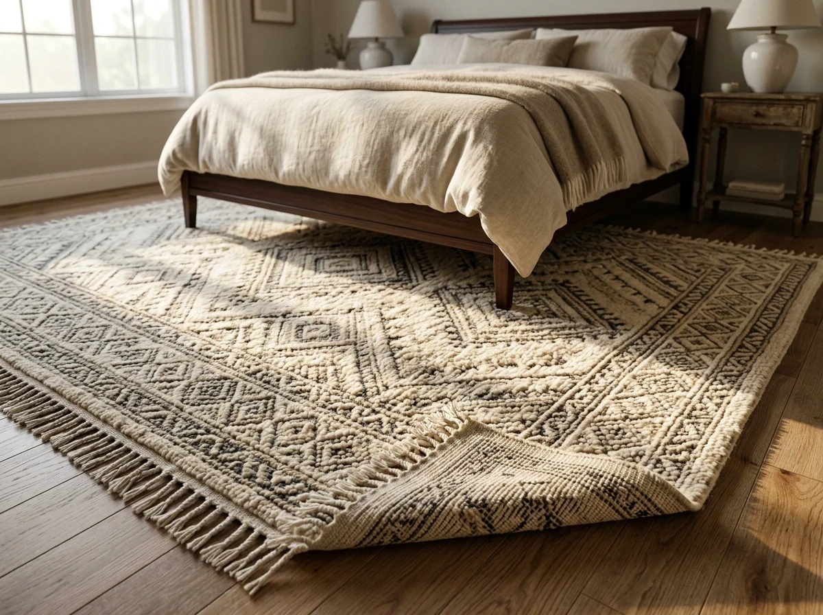 Le tapis en laine tissée main au pied du lit : le sol du luxe