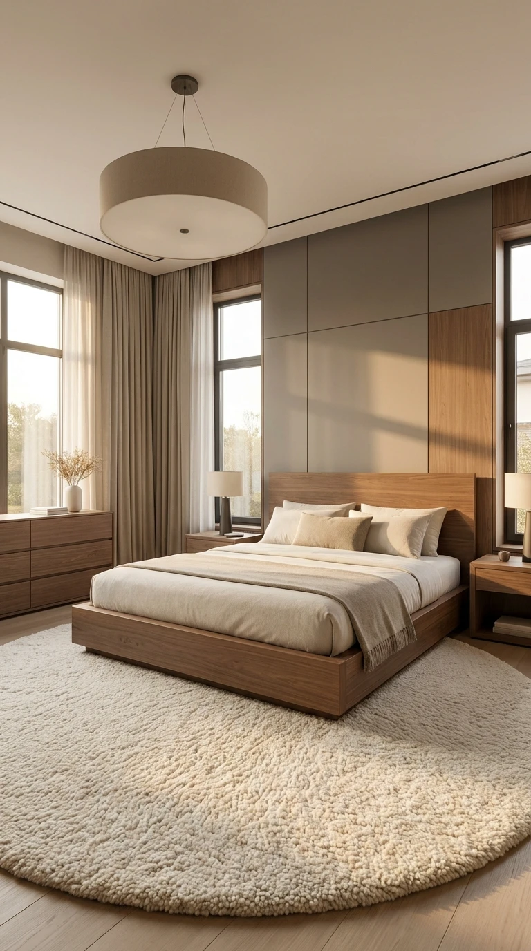 Tapis rond beige pour une chambre moderne et épurée