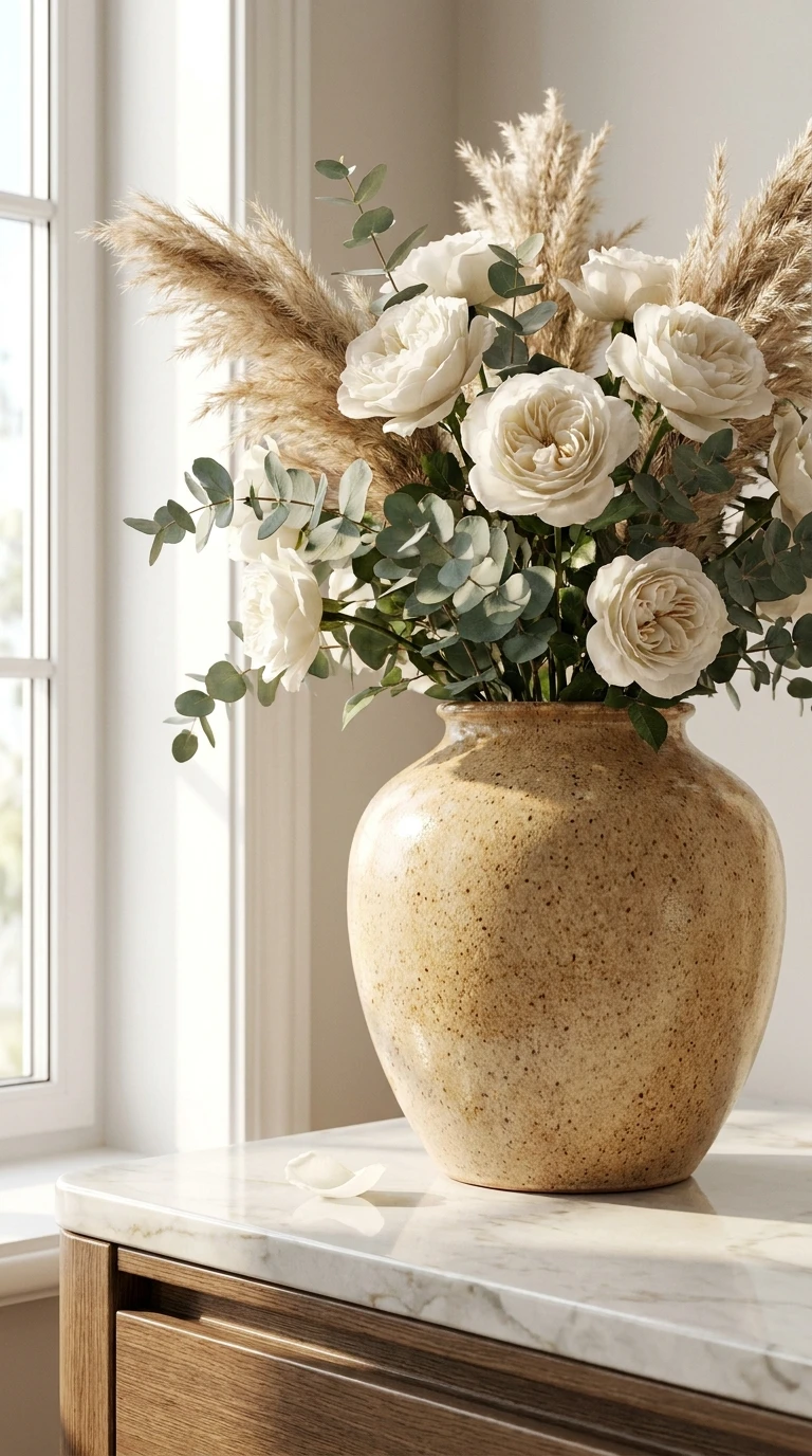 Le vase en céramique artisanale avec fleurs fraîches