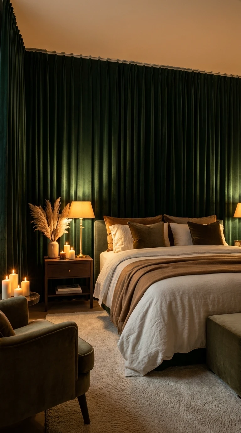 Chambre parentale luxueuse avec rideaux en velours vert