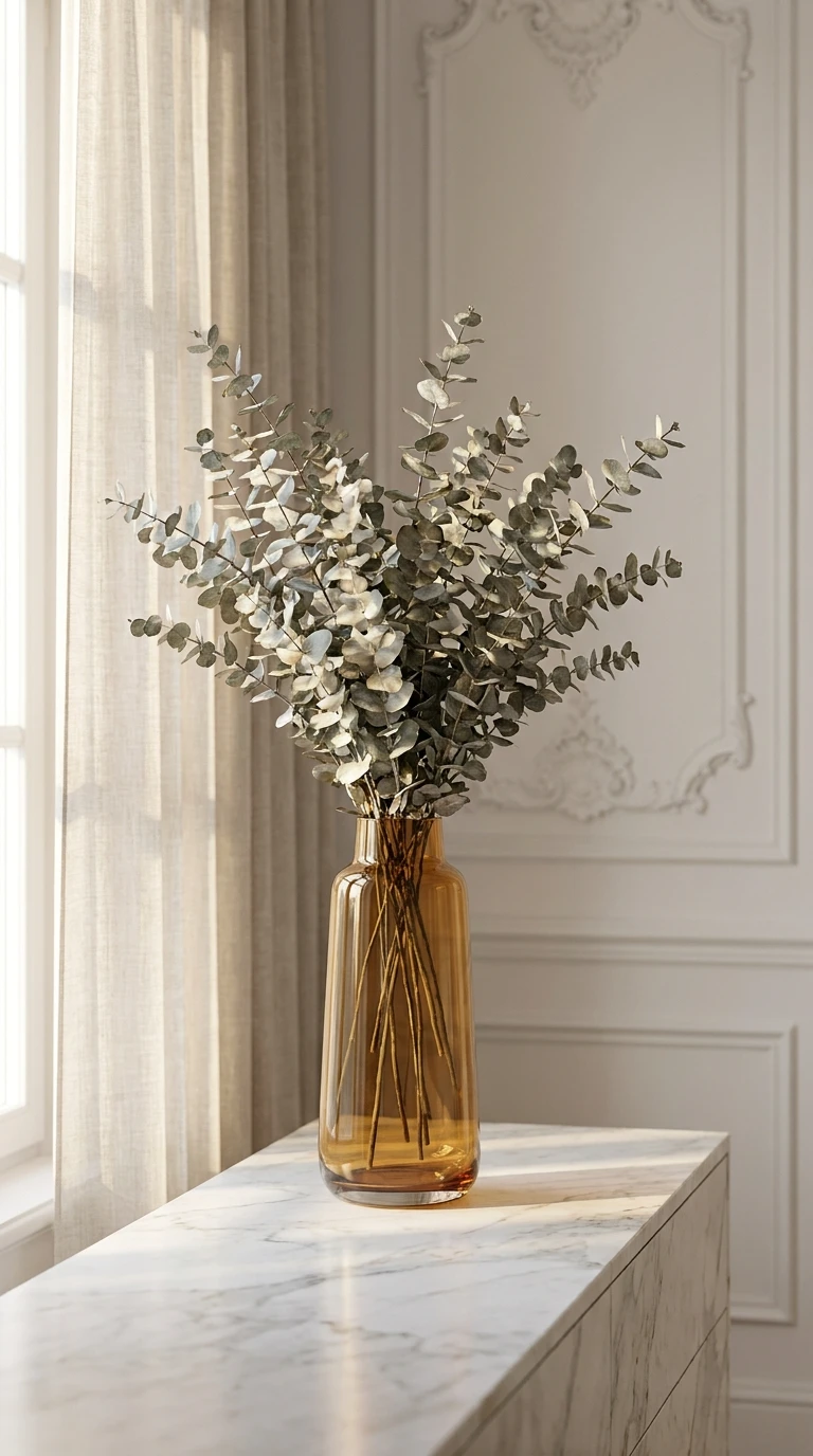 Branches d'eucalyptus séchées dans un vase ambré