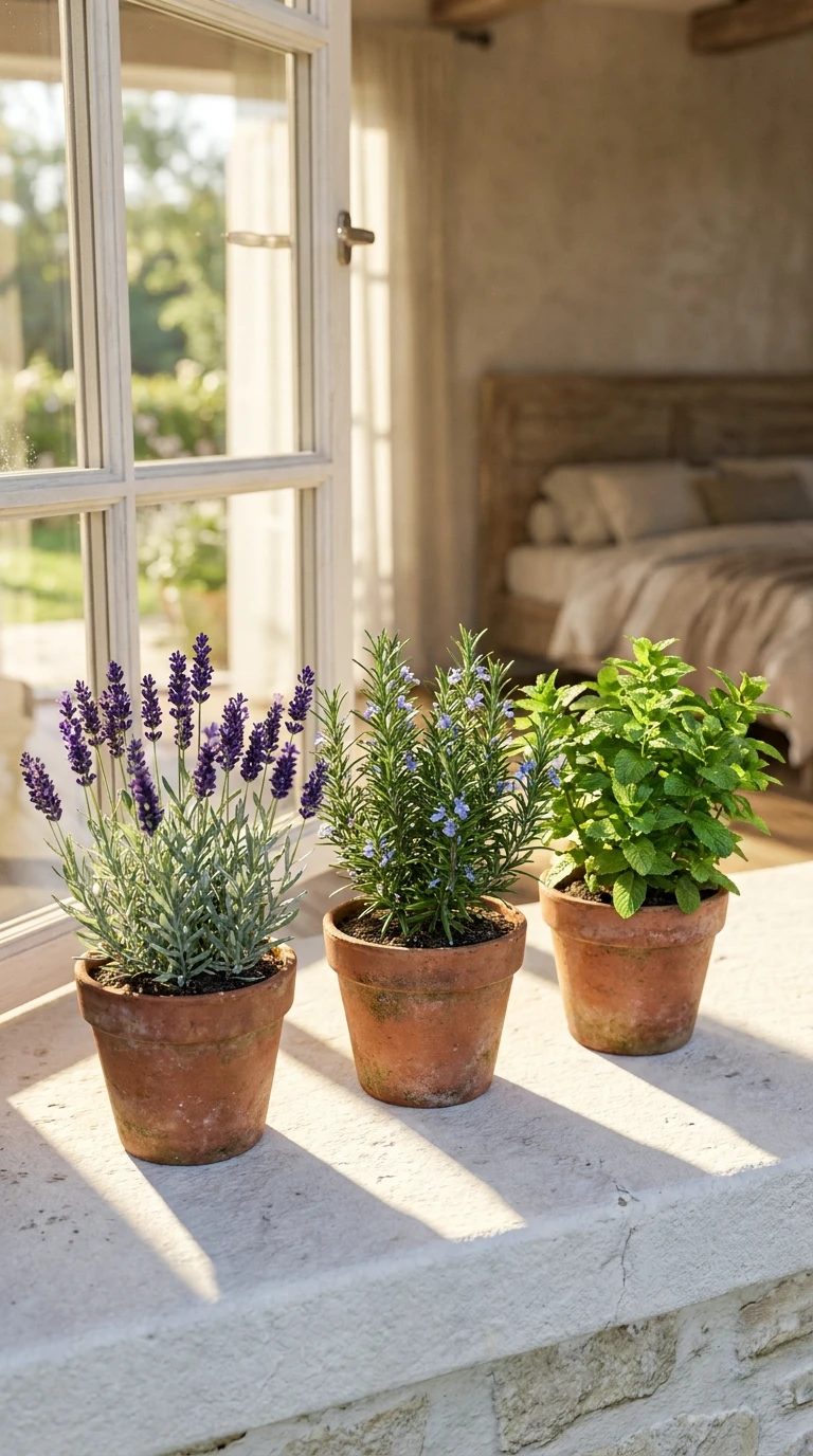 Herbes aromatiques en pot sur un rebord de fenêtre ensoleillé