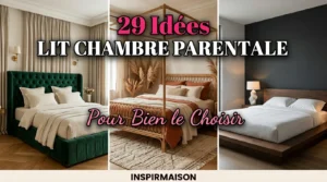 Trois styles de lits : tête de lit en velours vert, lit à baldaquin en rotin et lit plateforme en bois moderne.