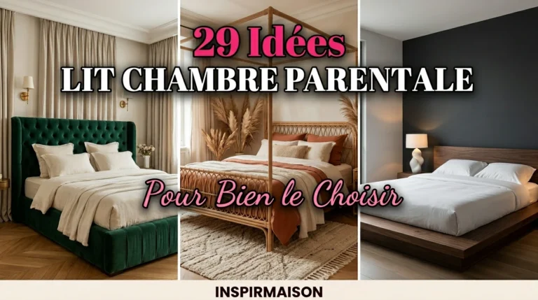 Trois styles de lits : tête de lit en velours vert, lit à baldaquin en rotin et lit plateforme en bois moderne.