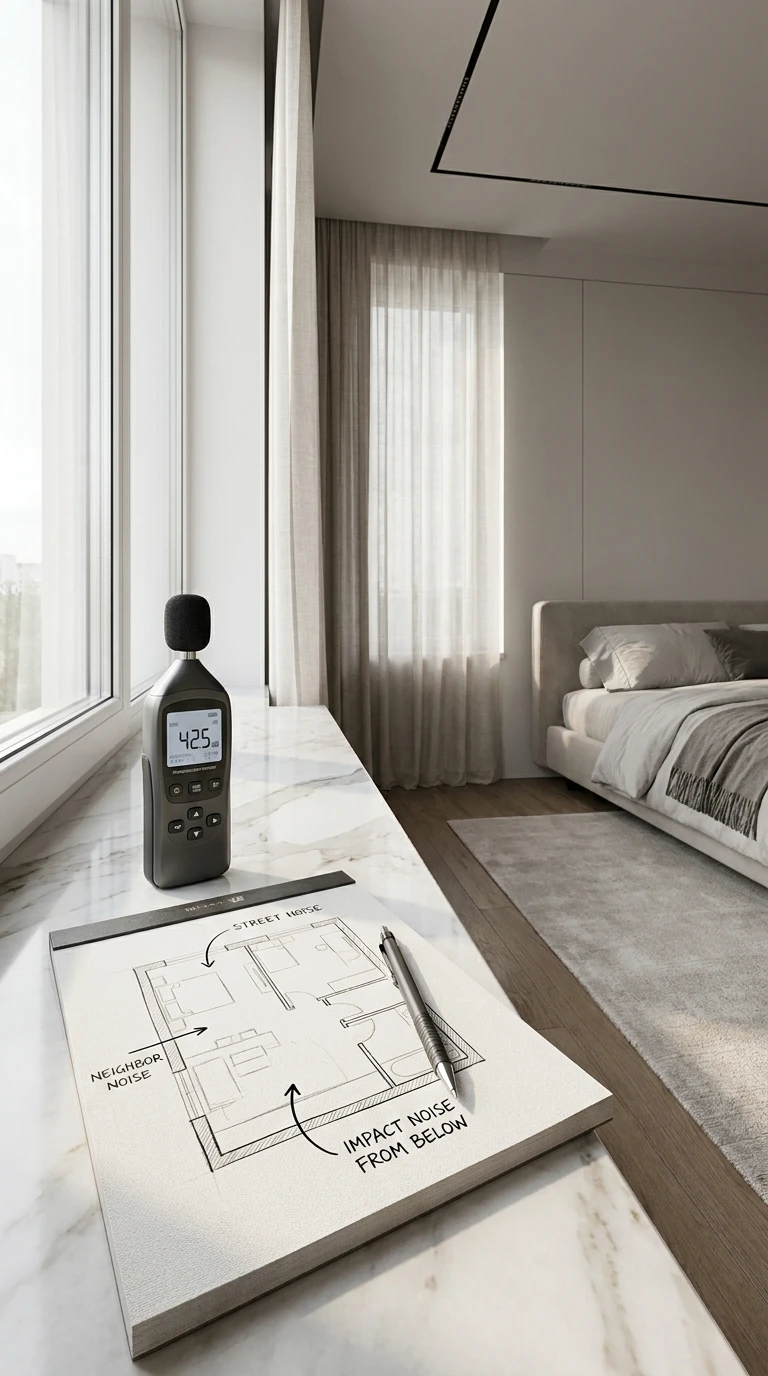 Sonomètre mesurant le bruit dans une chambre moderne avec plan d'isolation acoustique.